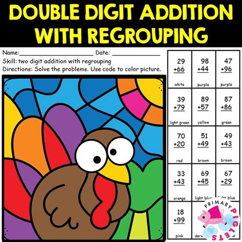 Double Digit Addition Thanksgiving Color By Number Made By Teachers Worksheets Library