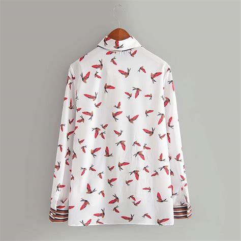 White Long Sleeve Bow Birds Print Blouse Sheinsheinside