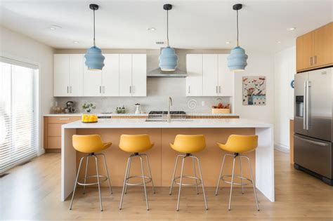 Modern Kitchen with Island and Bar Stools Stock Photo - Image of ...