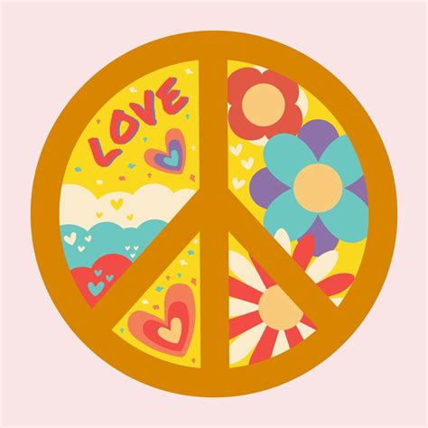 Icono Pegatina En Estilo Hippie Con Signo De Paz Violeta Amor De Texto Y Flores Y Corazones