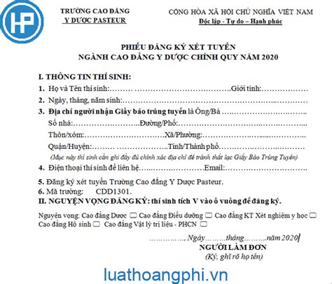 Mẫu Phiếu đăng ký xét tuyển Đại học Cao đẳng 2023 Thuế Gia Lộc