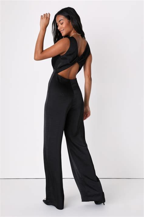 Black Satin Jumpsuit Cutout Jumpsuit Backless Jumpsuit Lulus