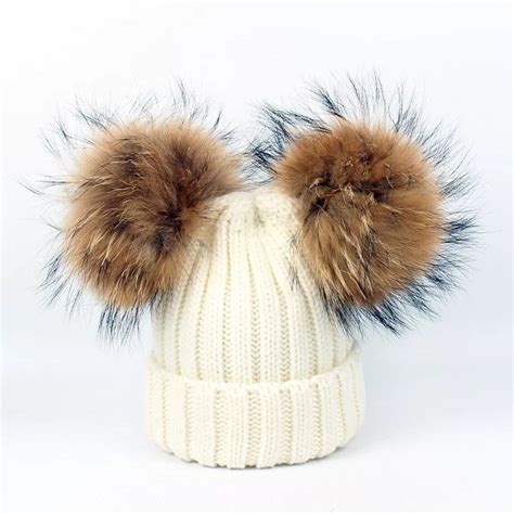 Adult Double Pom Pom Hat Matching Adult And Baby Real Fur Pom Etsy