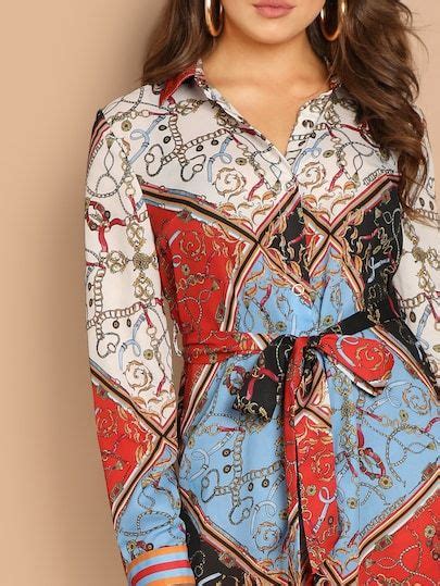 Scarf Print Self Belted Dress SheIn Sheinside Scarf Dress Belted