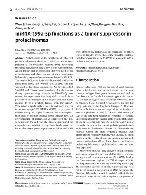 Pdf Mirna 199a 5p Functions As A Tumor Suppressor In Prolactinomas