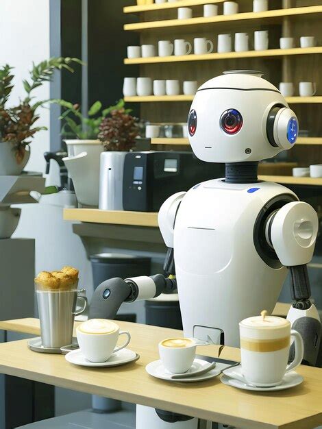 Premium Photo A White Robot Makes Coffee In The Kitchen Concept Of