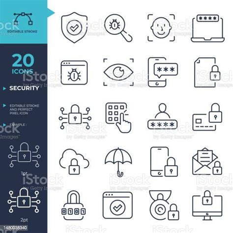 보안 아이콘을 설정합니다 편집 가능한 스트로크 완벽한 픽셀 얇은 선 아이콘 컬렉션 벡터 그림입니다 웹 사이트 마케팅 자료 디자인