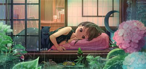 Rainy night, pillow, hydrangea, window, manga, black, a, cat, tagme ...