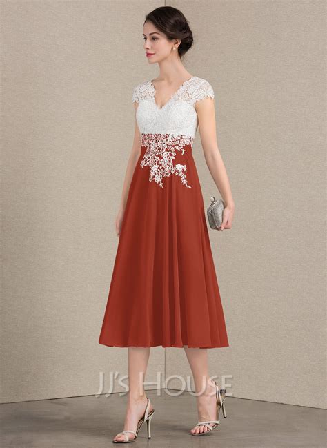 Us A Line V Neck Tea Length Chiffon Lace Cocktail Dress Jj