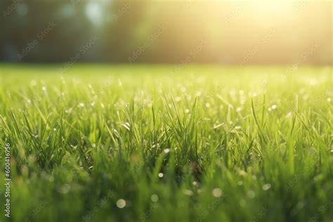 Nature Background Notion Of Spring Green Grass Field And Leaf Up Close With Hazy Park And