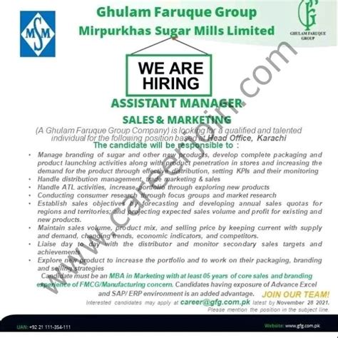 Mirpurkhas Sugar Mills Limited Jobs Assistant Manager Sales Marketing