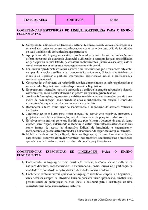 Classes gramaticais adjetivos Plano de aula por CONTEÚDO sugerido