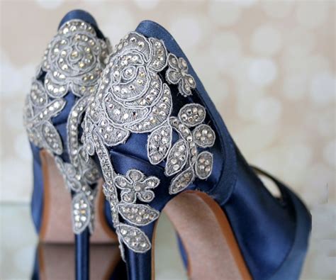 Navy Blue Vintage Inspired Wedding Shoes With Crystal Rose Heel Ellie