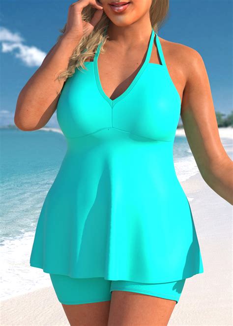 ROTITA Cyan Plus Size Double Straps Halter Tankini Set Rotita