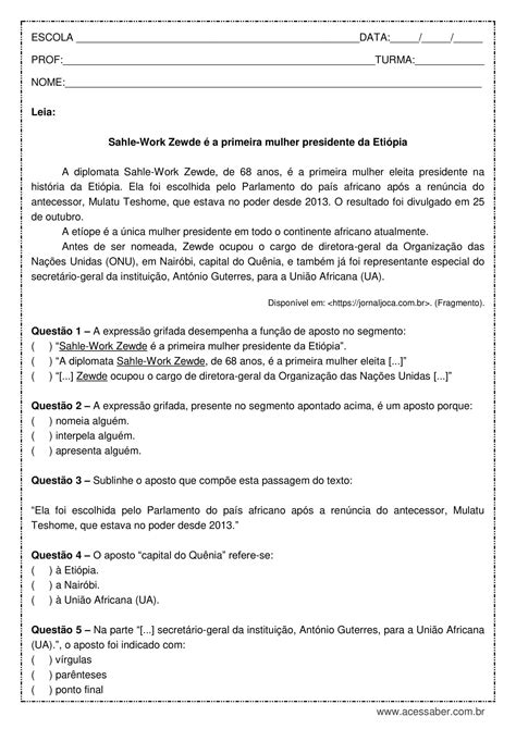 Atividades Sobre Aposto E Vocativo 8 Ano Gabarito