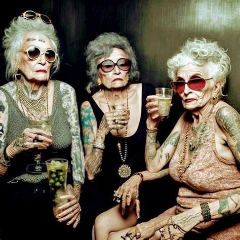 Three Older Women Sitting Next To Each Other With Tattoos On Their Arms