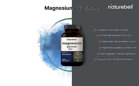 NatureBell Magnesium Glycinate Capsules 500mg 240 Count 100 Chelat