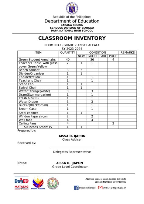 Sample Inventory Republic Of The Philippines Department Of Education