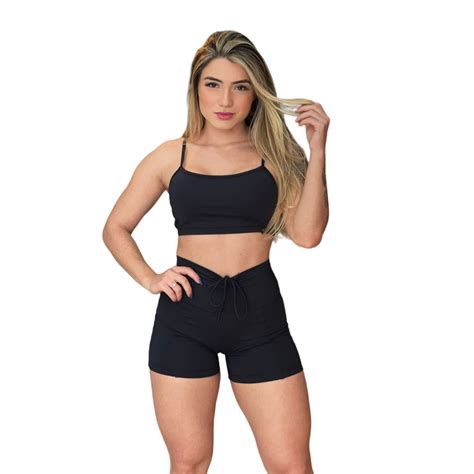 Conjunto Short Empina Bumbum Poliamida Preto Shopee Brasil