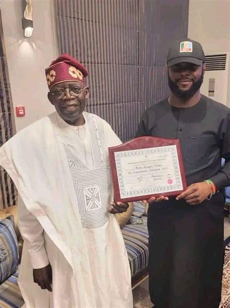 Tinubu Presents His Certificate Of Return To His Son Seyi Photo Politics Nigeria