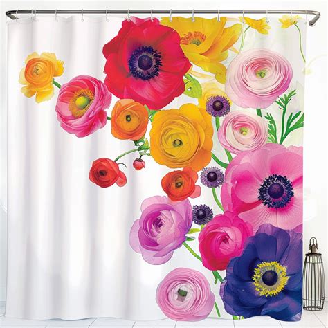 Premium Floral Shower Curtain With Ranunculus And Anemones In Vibrant