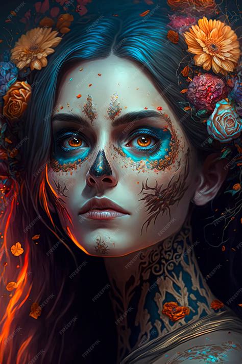 Premium Photo Girl With Day Of The Dead Make Up And Flowers On Her Hair