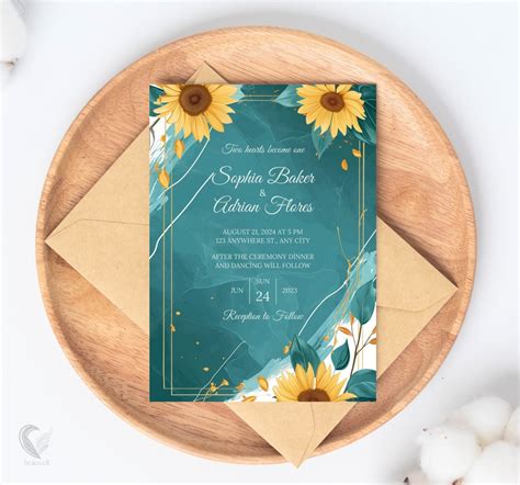 Sunflower Wedding Invitation Template 5x7 Teal And Gold Floral Digital Invite Botanical Editable