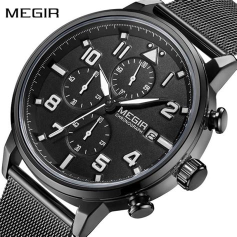 Megir Hommes Top Marque Business Noir En Acier Inoxydable Montres À