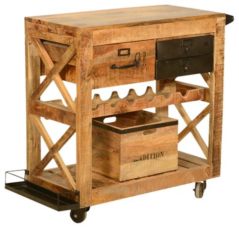 Rustic Rolling Solid Wood And Iron Wine Rack Cabinet Serving Cart