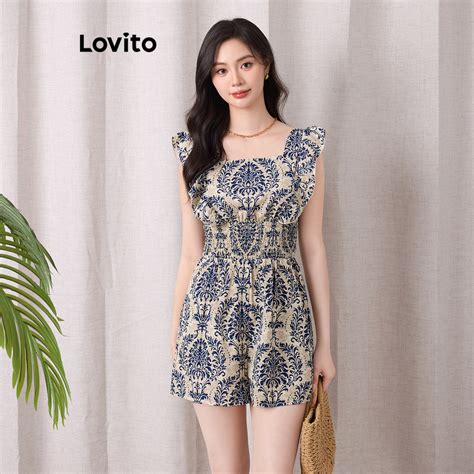 Lovito Macac O Boho Tribal Print Ruffle Smocked Para Mulheres L Ed