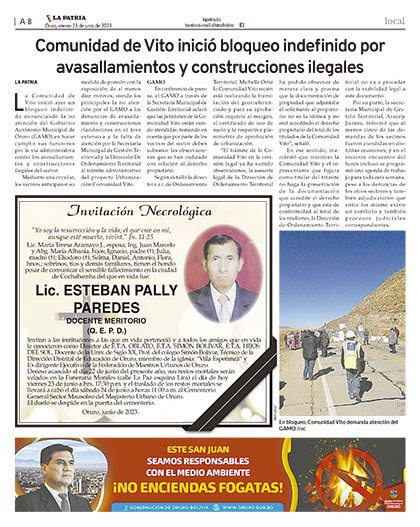 GOBIERNO AUT NOMO DEPARTAMENTAL DE ORURO Periódico La Patria Oruro