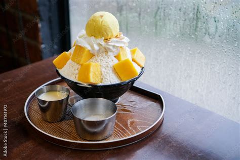 Mango Ice Cream Bingsu Bingsoo A Famous Korean Dessert A Bowl Of Milk