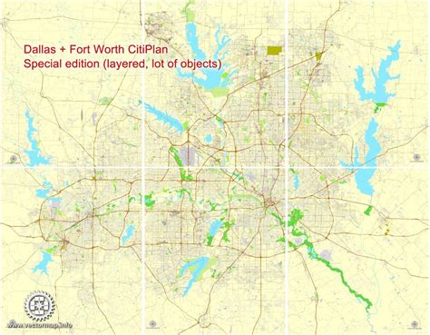 Dallas + Fort Worth Tx Pdf Map, Us, Exact Vector Street Cityplan Map ...