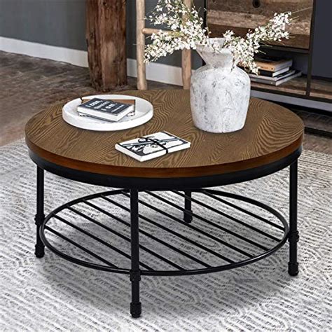 Round Coffee Table Rustic Wood Surface Top And Sturdy Metal Legs Industrial Sofa Table For Living