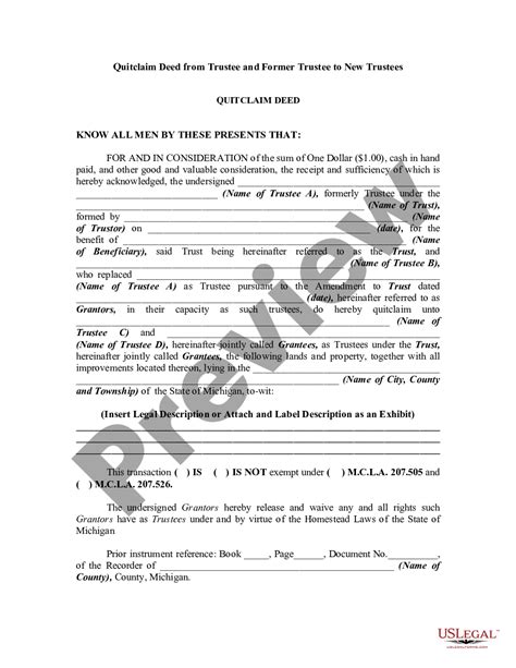 Michigan Quitclaim Deed From Trustee And Former Trustee To New Trustees Us Legal Forms