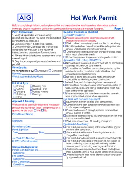 Fillable Online J1911786 01 Aig En Hot Work Permit Dd Fax Email Print Pdffiller