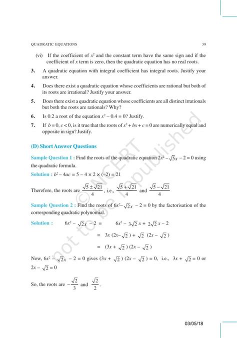 Ncert Exemplar Book For Class 10 Maths Chapter 4 Quadratic Equations