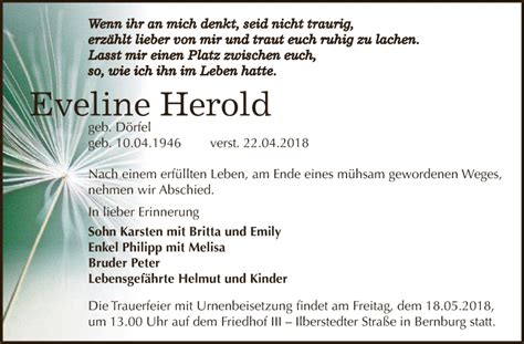 Traueranzeigen Von Eveline Herold Abschied Nehmen De