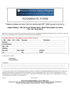 Fillable Online Pasteur ROOMMATE FORM Institut Pasteur Pasteur Fax