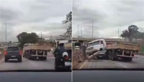 Veja o momento exato do acidente em que carreta dá L na BR 381 e