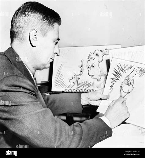 Dr Seuss Ted Geisel En El Trabajo En Un Dibujo De Un Grinch El