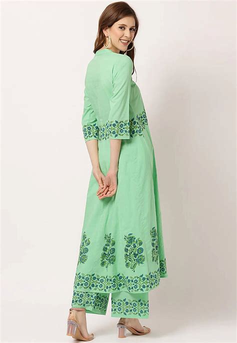 Buy Block Printed Pure Cotton Anarkali Kurta Set In Light Green Online