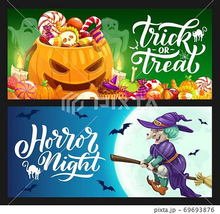 Halloween Holiday Pumpkin Ghost And Witch Banners