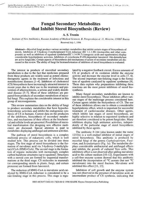 PDF Fungal Secondary Metabolites That Inhibit Sterol Biosynthesis