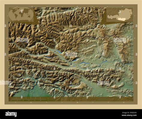 Karnten, state of Austria. Colored elevation map with lakes and rivers ...