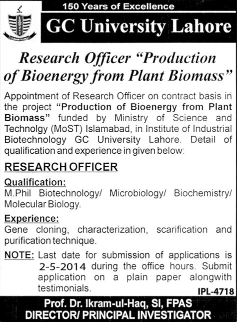 Gc University Lahore Jobs 2014 April For Research Officer Production