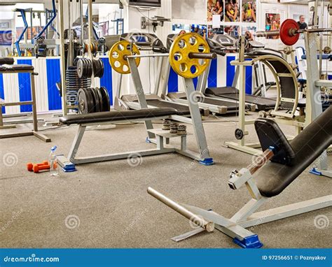 Fitness Room With Jogging Treadmill And Weight Machines Stock Image