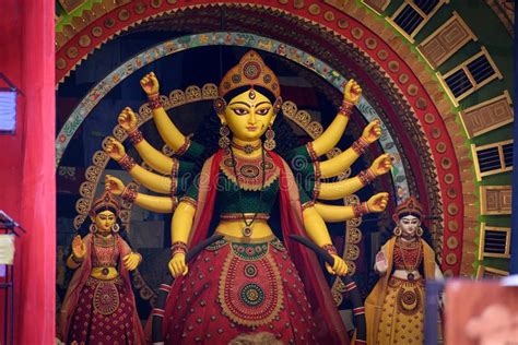 Goddess Durga Devi Idol Decorated At Puja Pandal In Kolkata West