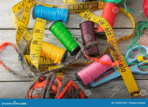 Multicolored Threads Scissors And Ruler Stock Photo Image Of