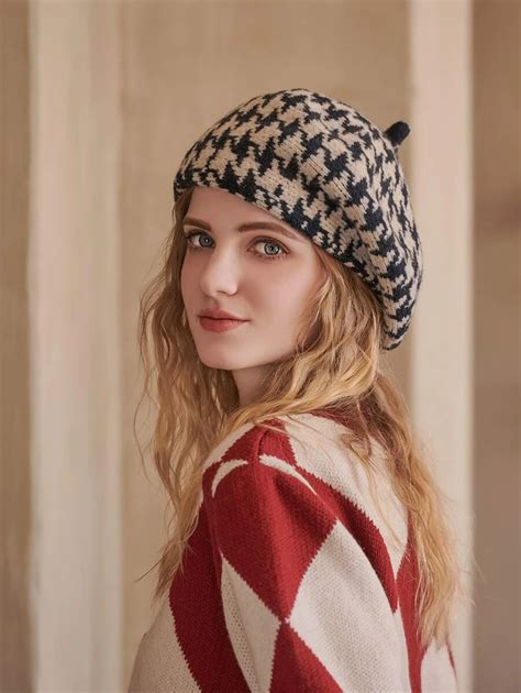 Leajourno Pc Camel Wool Plaid Knitted Beret Hat For Women New Fashion